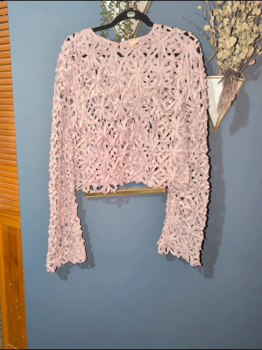 Unique Pale Pink Crochet Floral Long-Sleeve Crop Top
